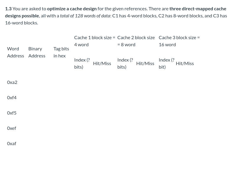 1.3 You are asked to optimize a cache design for the | Chegg.com