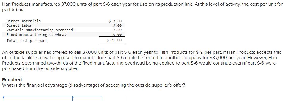 Solved Han Products manufactures 37,000 ﻿units of part S-6 | Chegg.com