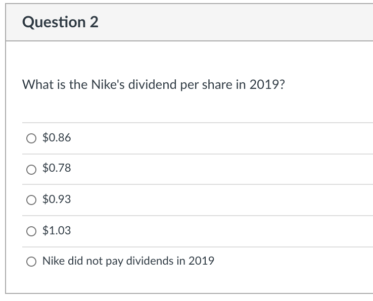 Solved Question is the Nike's dividend per share in |