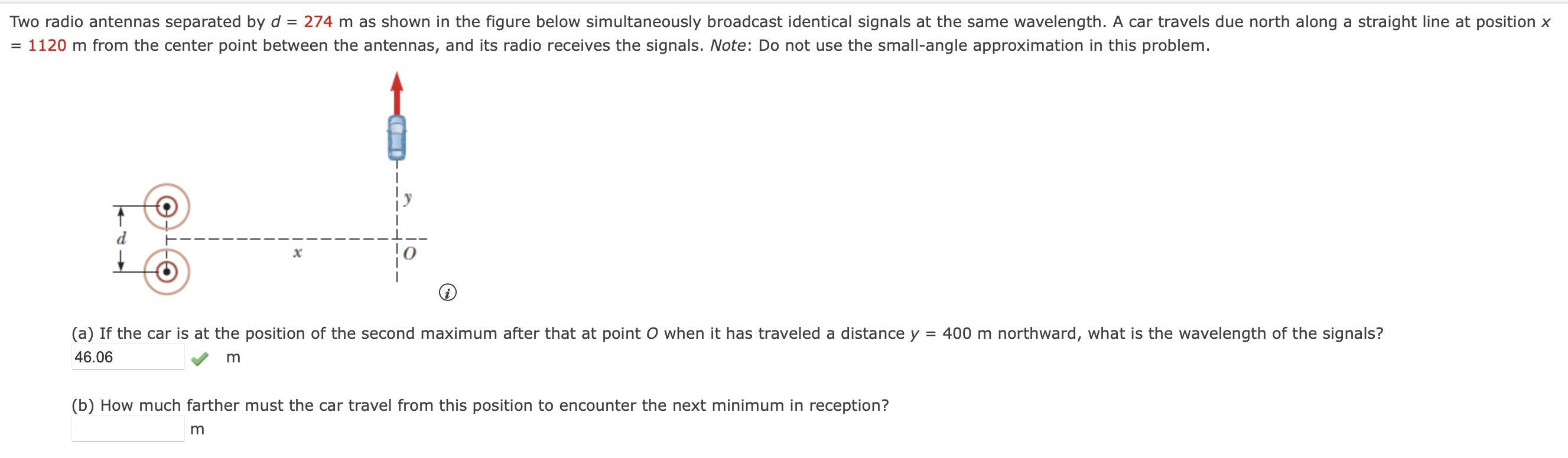 Solved Two radio antennas separated by d = 274 m as shown in | Chegg.com