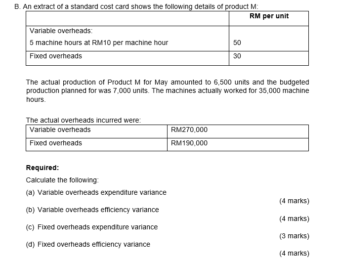 Solved B. An extract of a standard cost card shows the | Chegg.com
