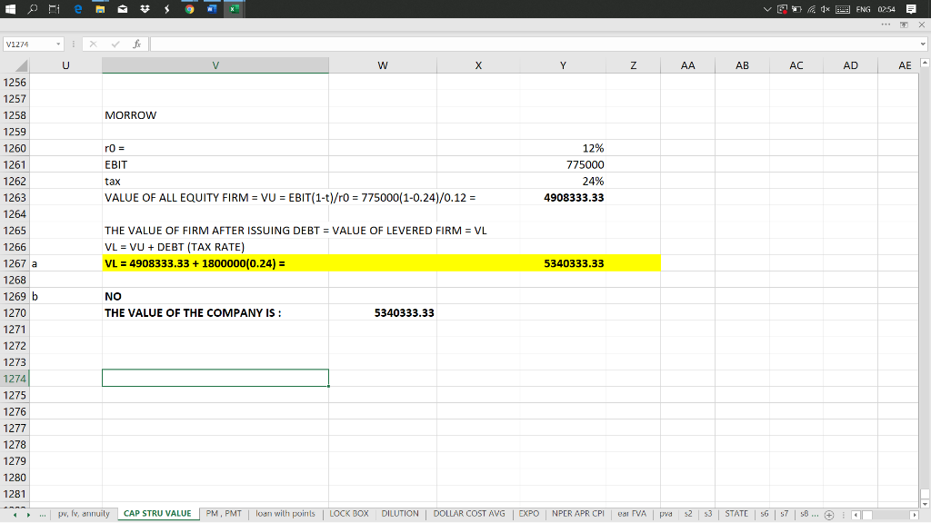 V1274 - XVfx v z AA AB AC AD AE - MORROW ro = EBIT 12% 775000 24% 4908333.33 tax VALUE OF ALL EQUITY FIRM = VU = EBIT(1-t)/r0