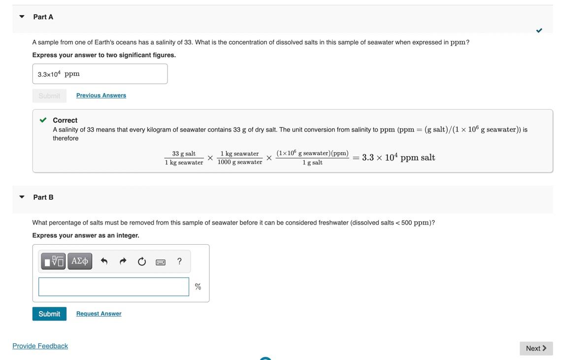 Solved A sample from one of Earth's oceans has a salinity of | Chegg.com