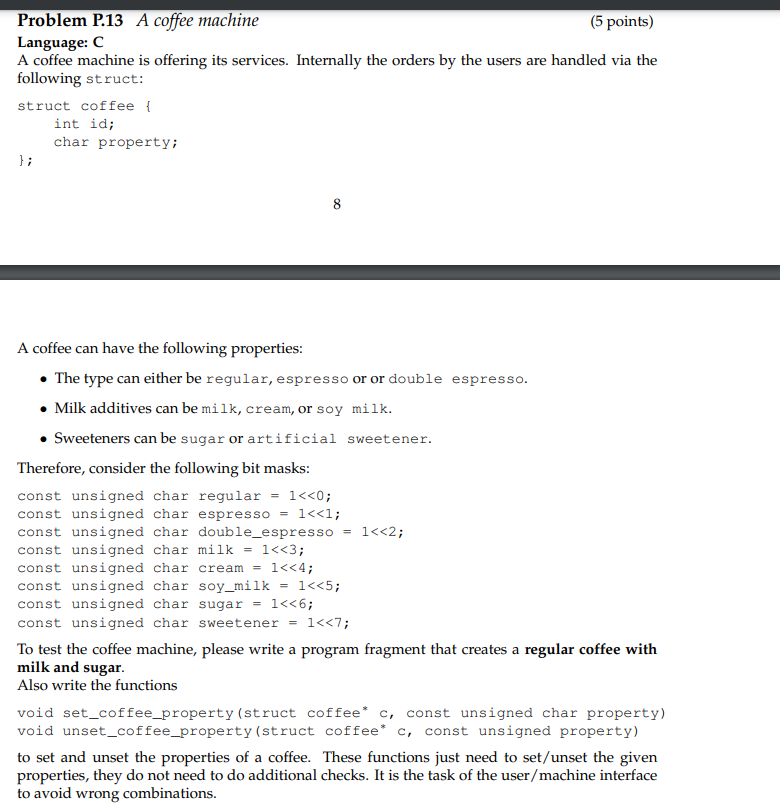 Solved Problem P.13 A Coffee Machine (5 Points) Language: C 