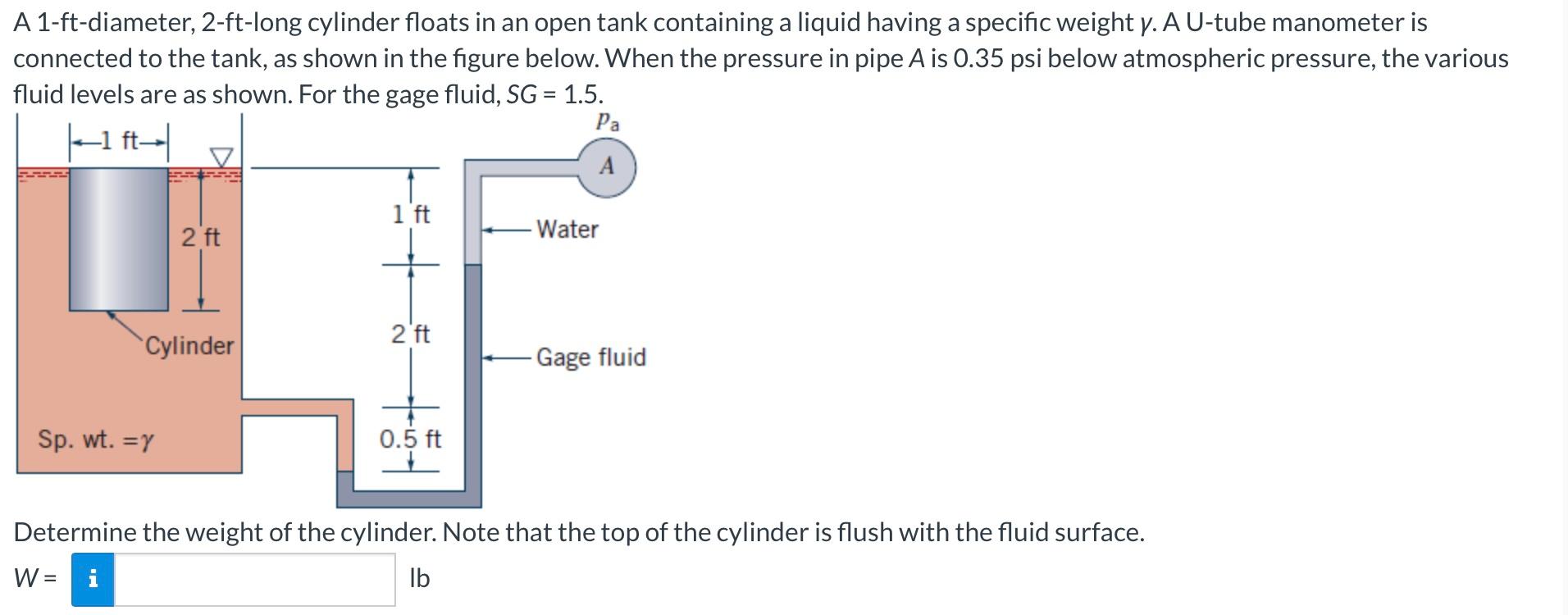 A 1-ft-diameter, 2-ft-long cylinder floats in an open tank containing a liquid having a specific weight \( \gamma \). A U-tub