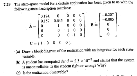 Solved 7.29 The state-space model for a certain application | Chegg.com