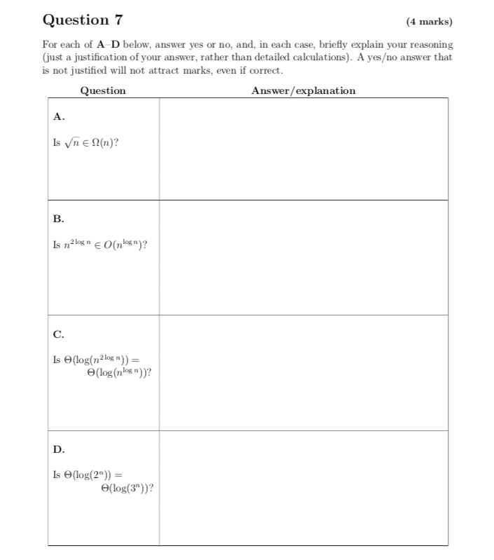 Solved Question 7 (4 marks) For each of A D below, answer | Chegg.com