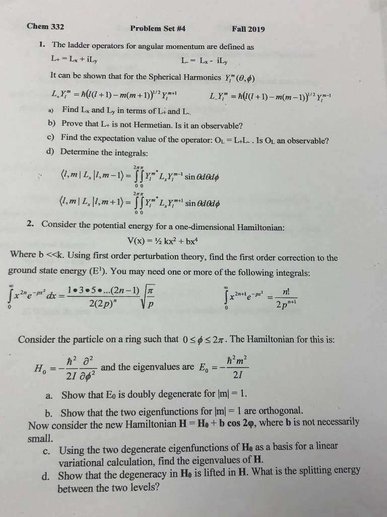 Solved Chem 332 Problem Set 4 Fall 19 1 The Ladder Op Chegg Com