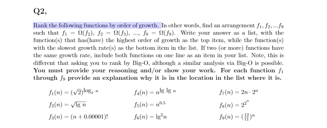 Solved Q2, Rank The Following Functions By Order Of Growth. | Chegg.com