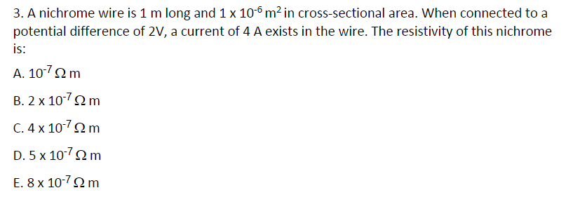 Solved 3. A nichrome wire is 1 m long and 1 x 10-6 m2 in | Chegg.com