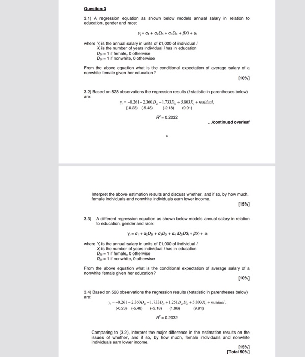 Solved Question3 3.1) A regression equation as shown below | Chegg.com