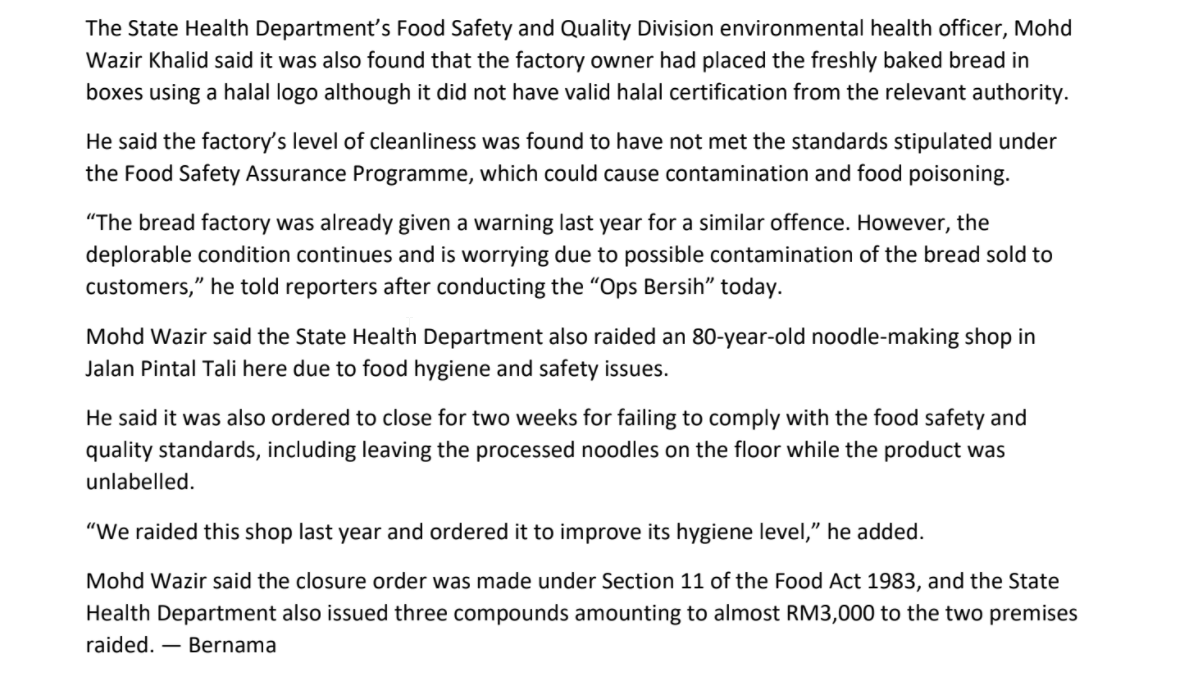 The State Health Departments Food Safety and Quality Division environmental health officer, Mohd
Wazir Khalid said it was al