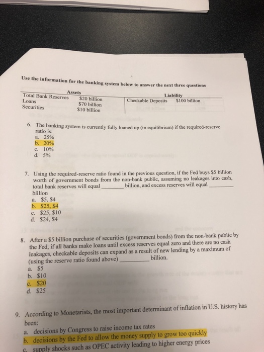 Solved Use the information for the banking system below to | Chegg.com