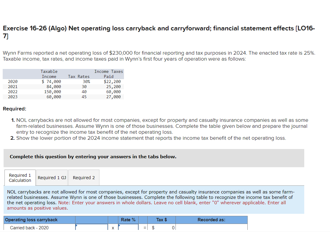 Solved Exercise 16-26 (Algo) Net Operating Loss Carryback | Chegg.com