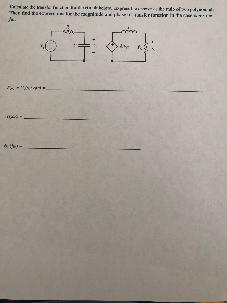 Solved Calculate the transfer function for the circuit | Chegg.com