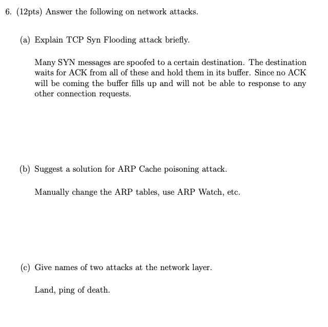 Solved (12pts) ﻿Answer the following on network attacks.(a) | Chegg.com