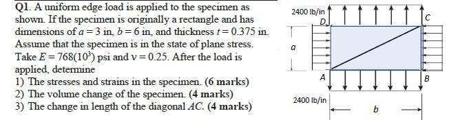 Solved 2400 lb/in с 1 a Q1. A uniform edge load is applied | Chegg.com