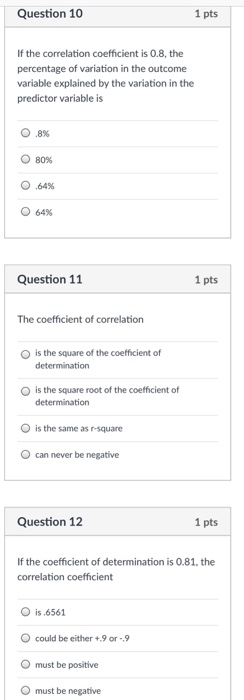 Solved Question 10 1 pts If the correlation coefficient is | Chegg.com