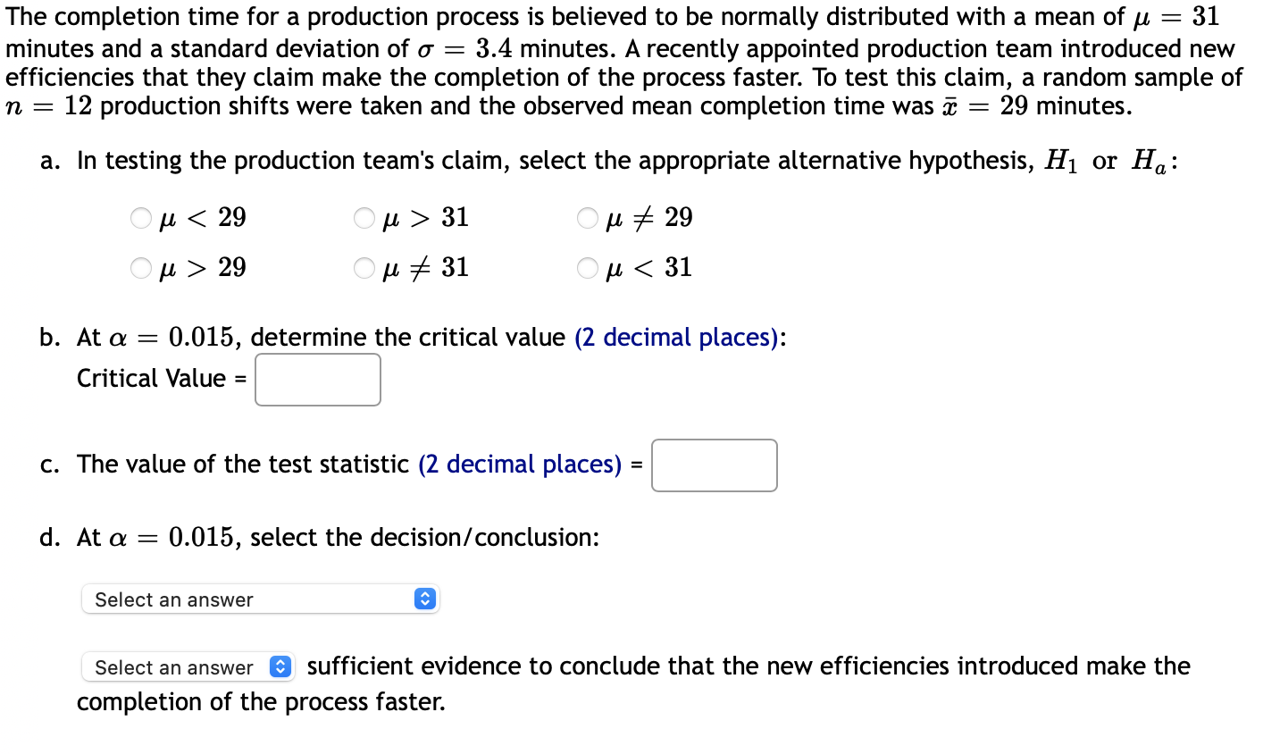Solved The completion time for a production process is | Chegg.com