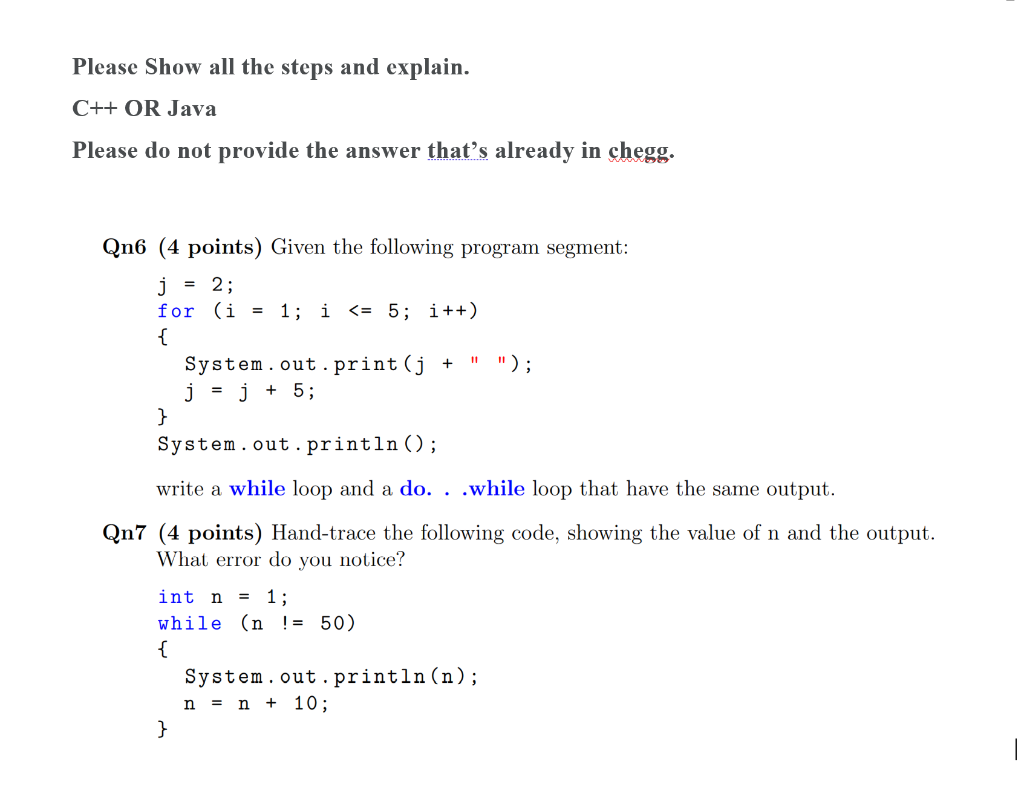 Solved Please Show all the steps and explain. C++ OR Java | Chegg.com