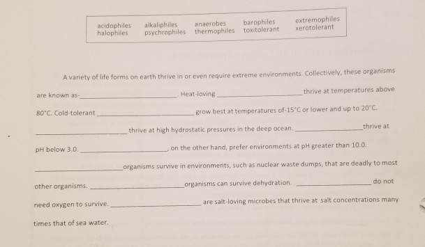 Solved philes anaerobes barophiles halophiles psychrophiles | Chegg.com