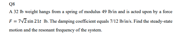 Solved Q8 A 32lb weight hangs from a spring of modulus 49lb/ | Chegg.com