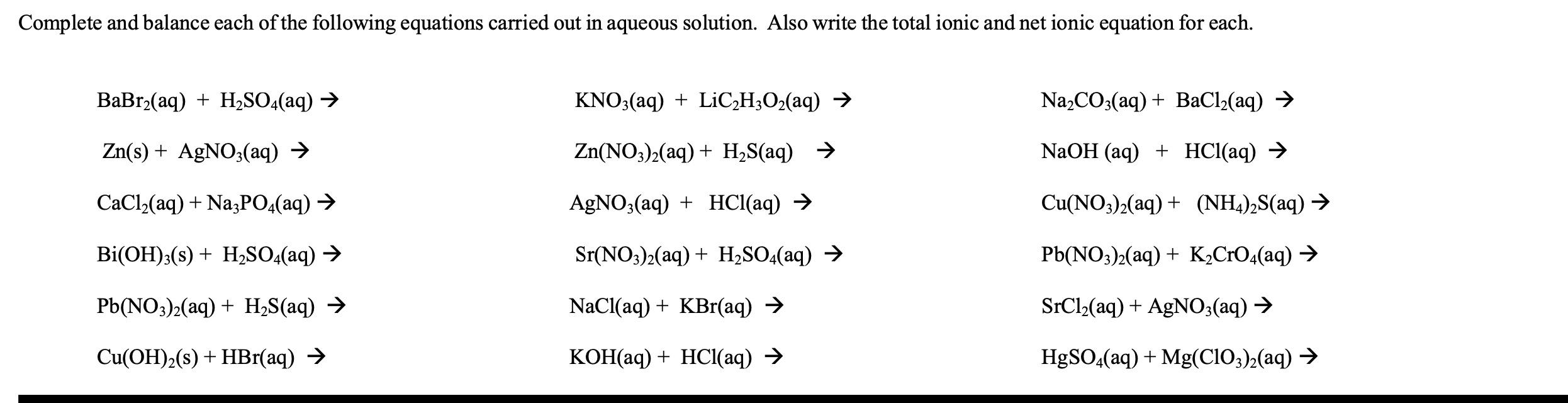 Solved Complete And Balance Each Of The Following Equations | Chegg.com