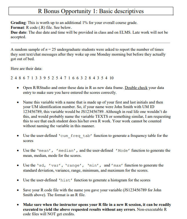R Bonus Opportunity 1: Basic descriptives Grading: | Chegg.com