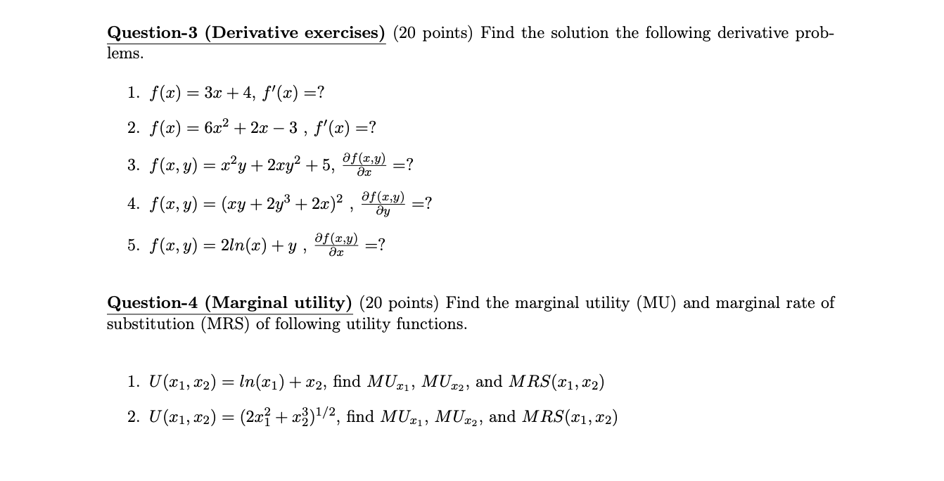 Question-4 (Marginal ﻿utility) (20 ﻿points) ﻿Find the | Chegg.com