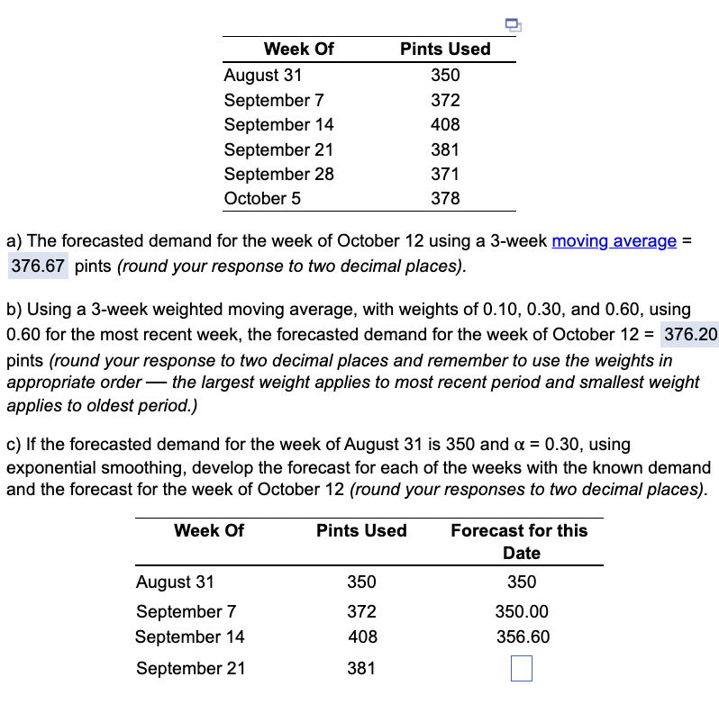 Solved a) The forecasted demand for the week of October 12 | Chegg.com