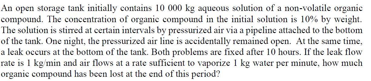 Solved An open storage tank initially contains 10 000 kg | Chegg.com