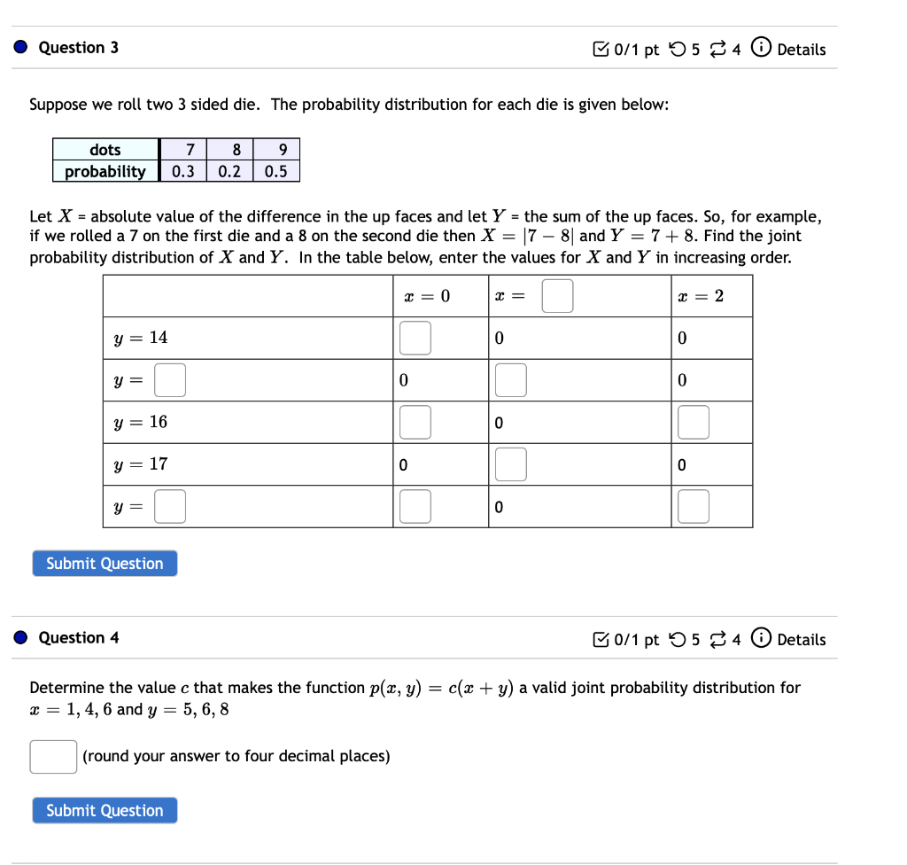 Solved Question 3 B0/1 pt 5 5 4 0 Details Suppose we roll | Chegg.com