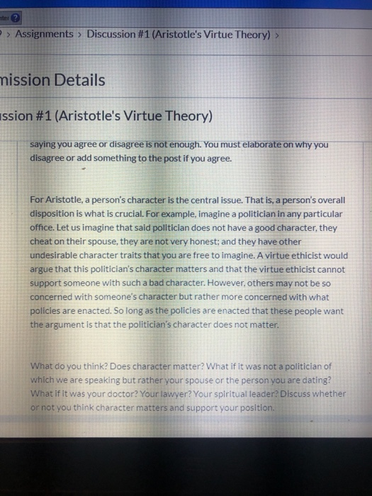 Solved nter ? > Discussion #1 (Aristotle's Virtue Theory) | Chegg.com