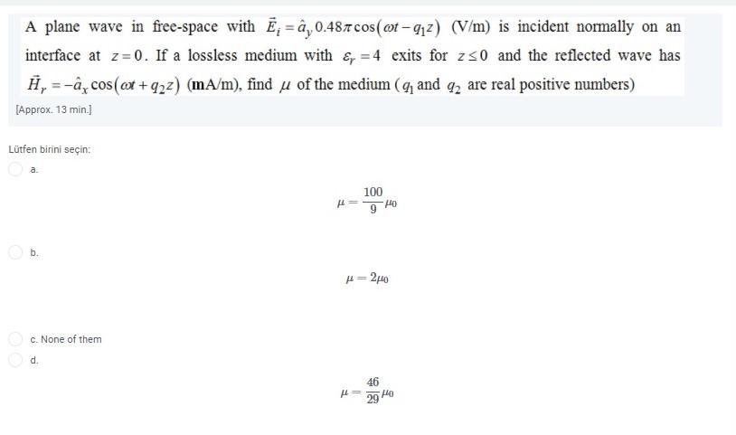 Solved A Plane Wave In Free Space With E 2 0 487 Cos 60t Chegg Com