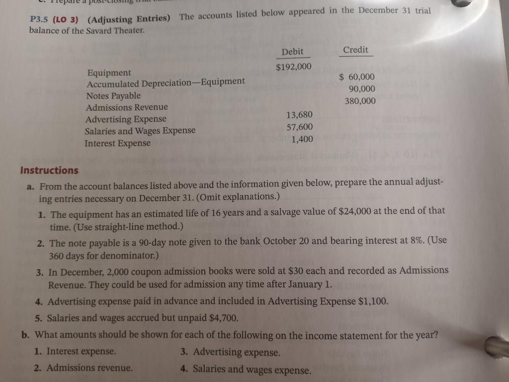 Solved P3.5 (LO 3) (Adjusting Entries) The Accounts Listed | Chegg.com