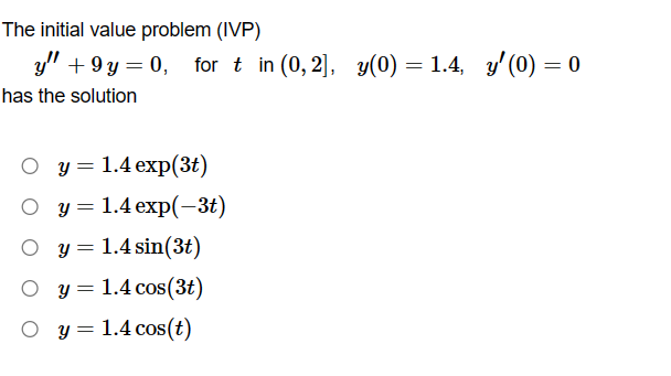 Solved The initial value problem (IVP) y′′+9y=0, for t in | Chegg.com