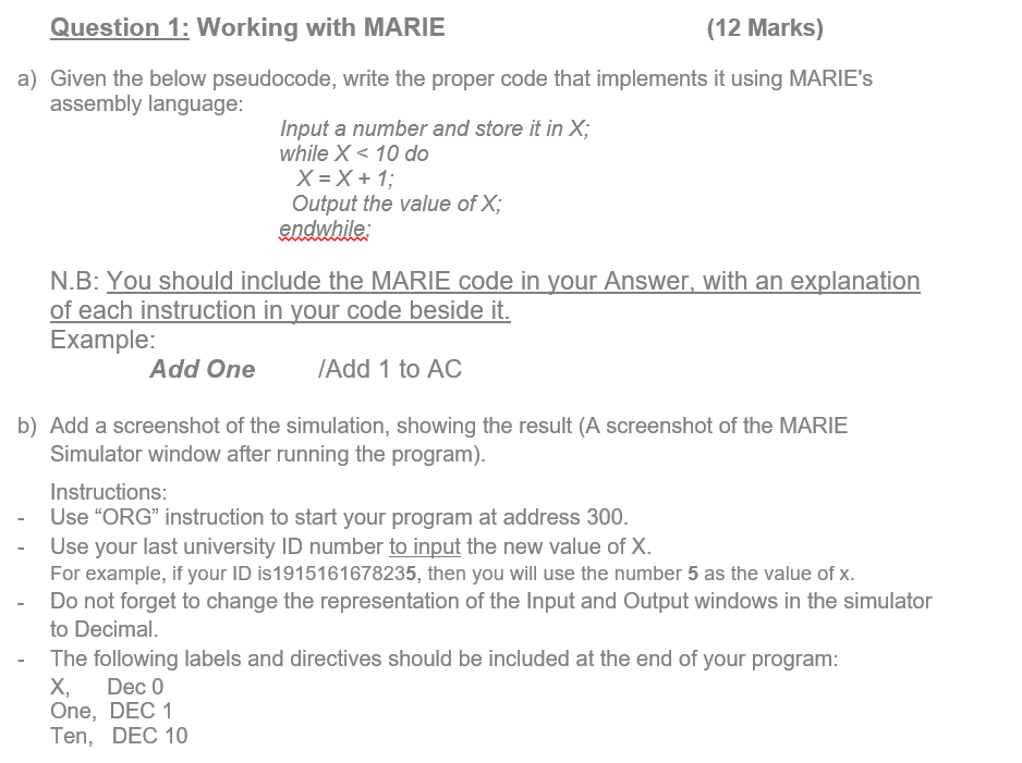 Solved Question 1: Working with MARIE (12 Marks) a) Given | Chegg.com