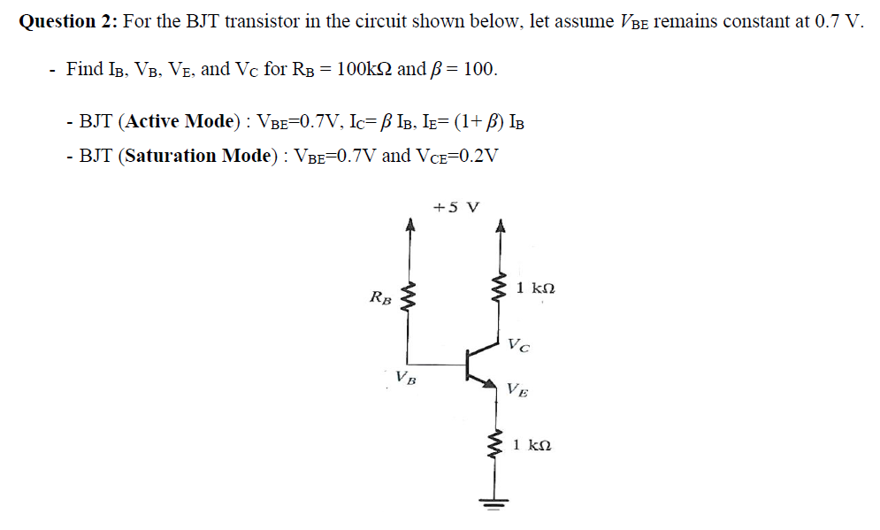 Solved Question 2: For the BJT transistor in the circuit Circuit Diagram