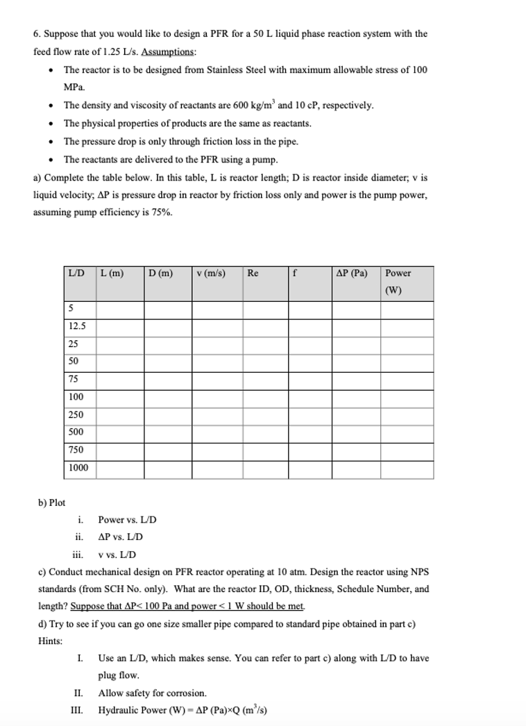 6. Suppose that you would like to design a PFR for a | Chegg.com