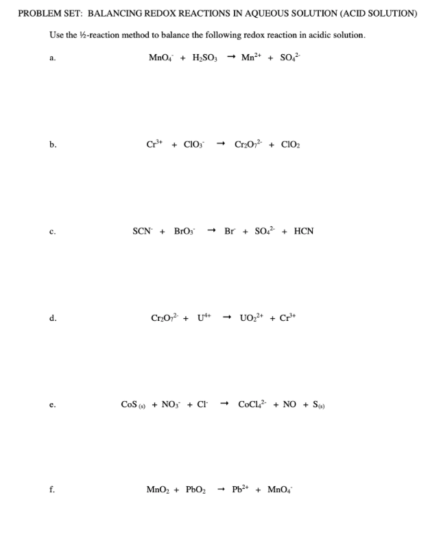 Solved PROBLEM SET: BALANCING REDOX REACTIONS IN AQUEOUS | Chegg.com