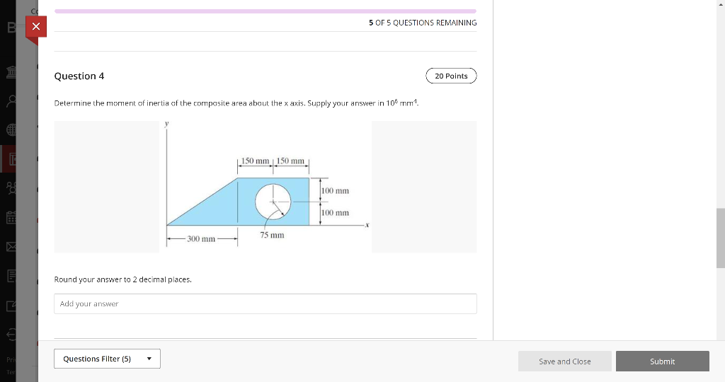 Determine the moment of inertia of the composite area about the \( x \) axis. Supply your answer in \( 10^{6} \mathrm{~mm}^{4