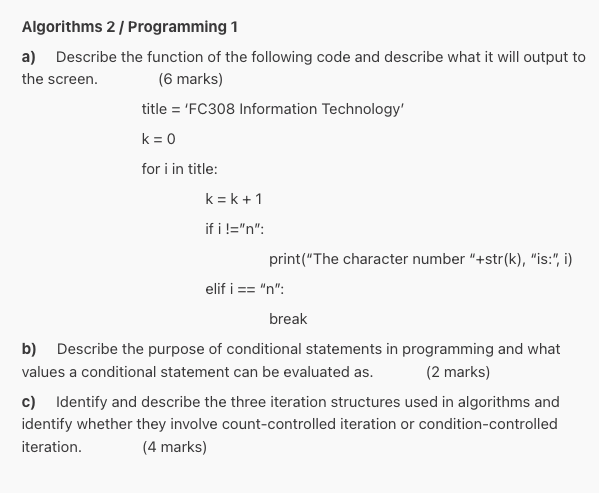 Algorithms 2 / Programming 1 a) Describe the function | Chegg.com