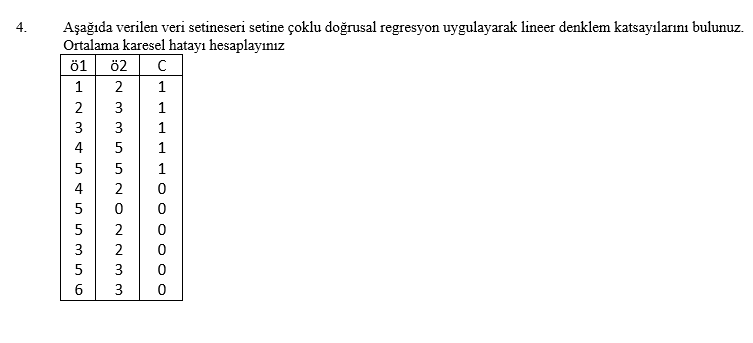 A?a??da verilen veri setineseri setine çoklu do?rusal regresyon uygulayarak lineer denklem katsay?lar?n? bulunuz. nron1nmn 1 