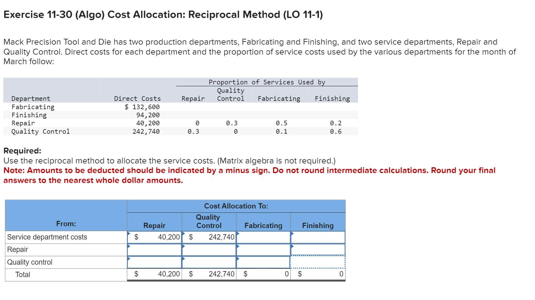 Solved Exercise 1130 (Algo) Cost Allocation Reciprocal