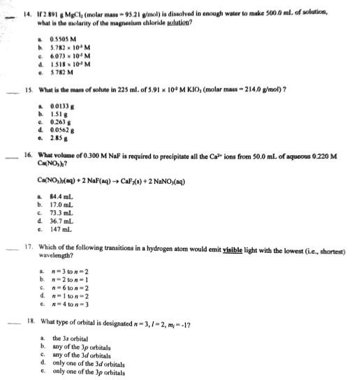 Solved 14. If 2.891 gMECl4 (inolar maso −95.21 grmol) is | Chegg.com