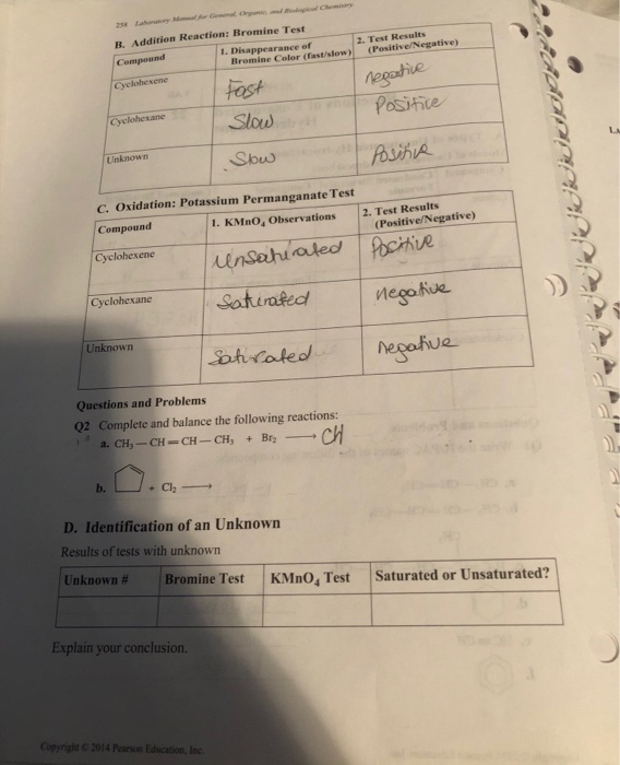 Solved 258 B. Addition Reaction Bromine Test Compound