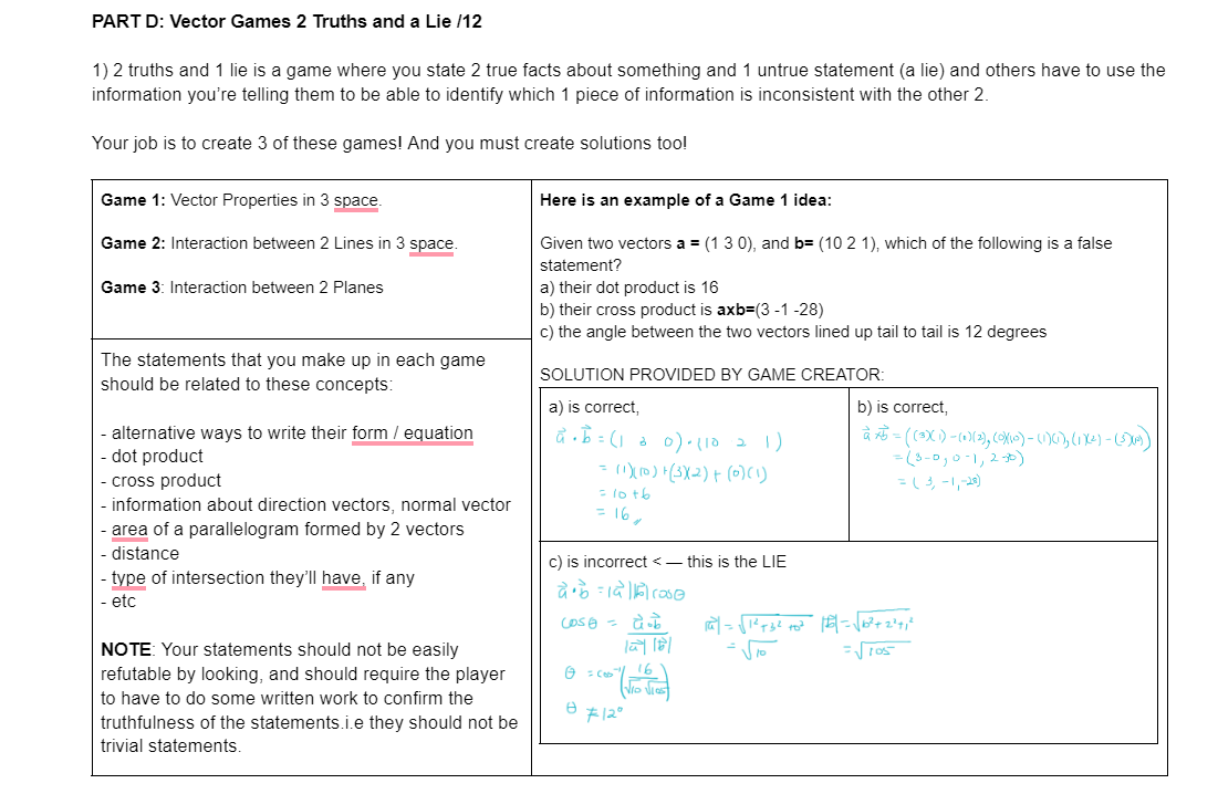 Solved PART D: Vector Games 2 Truths and a Lie /12 1) 2 | Chegg.com