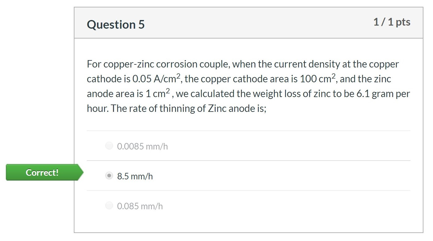 Solved For copper-zinc corrosion couple, when the current | Chegg.com