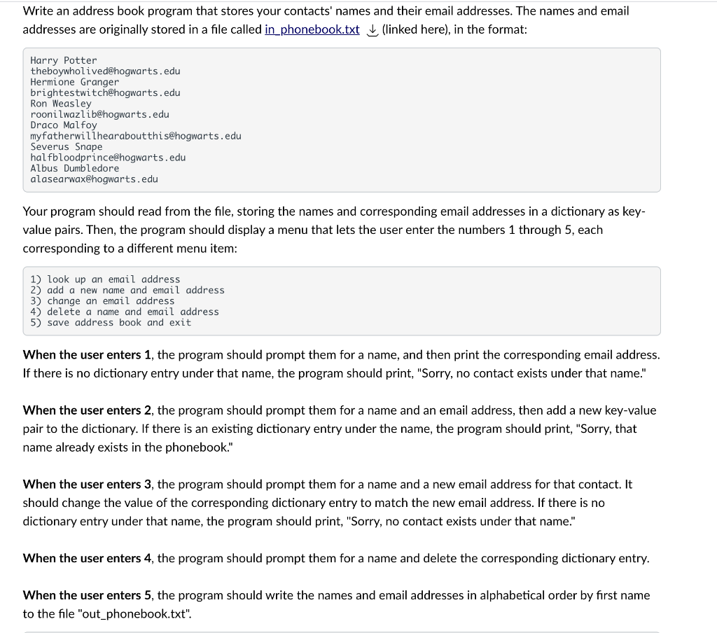 Solved (PYTHON) Write an address book program that stores