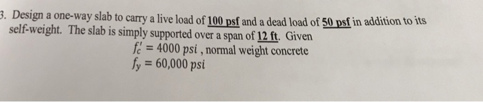 Solved . Design a one-way slab to carry a live load of 100 | Chegg.com